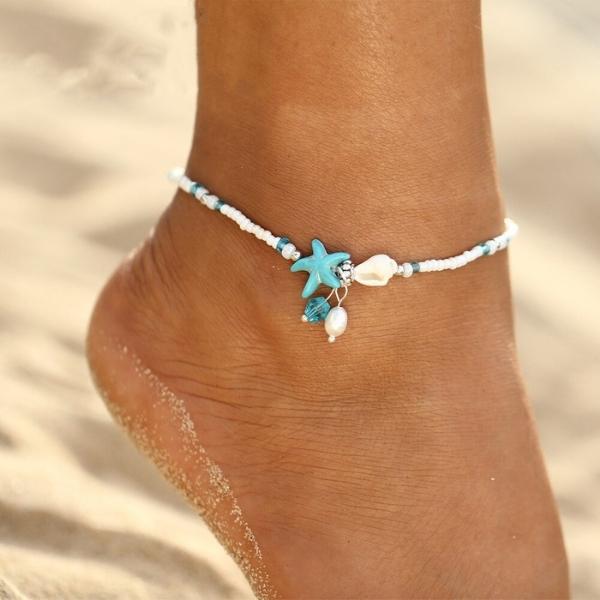 Stjerne og skal anklet armbånd med naturlige sten