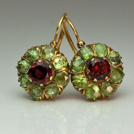 Vintage Runde Grønne & Røde Krystallearrings